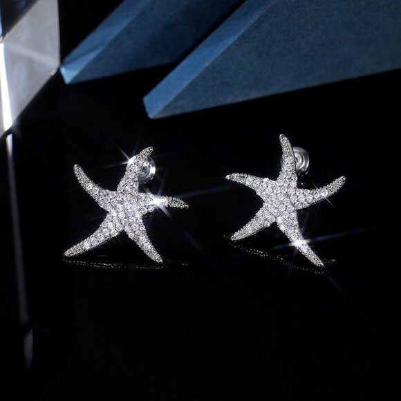 Vivid Starfish Full Zircon Stud Earrings for Women, EVGG1038 - Picture 1 of 9